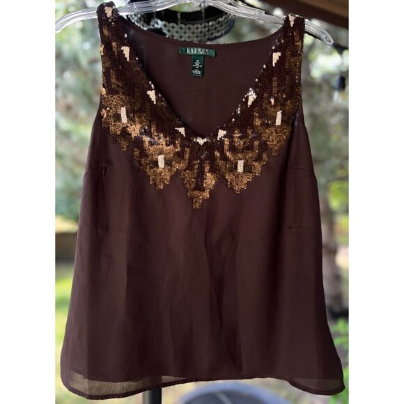 NEW Lauren Ralph Lauren 10 V-neck Spangle Sequins Blouse Tank Top Brown Lined - Picture 1 of 9